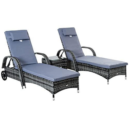 Outsunny Chaise Lounge Set of 2 with 5 Angle Backrest, Wheels, Armrests, Outdoor Coffee Table, Cushions, PE Rattan Wicker Poolside Chairs, 3-Piece Pool Furniture Set, Gray - CookCave