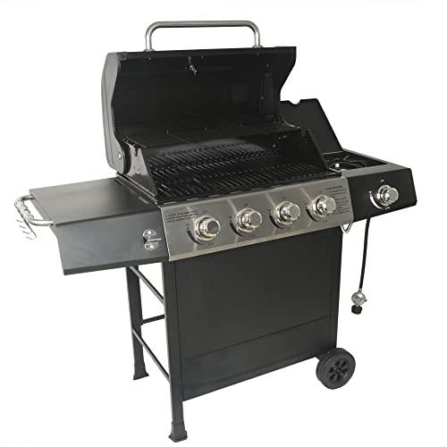 Grill Boss Outdoor BBQ 4 Burner Propane Gas Grill for Barbecue Cooking with Side Burner, Lid, Wheels, Shelves and Bottle Opener, Black - CookCave