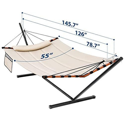 TegerDeger 12FT 2 Person Hammock with Stand Included 55 x 79IN Large Hammock 450LB Capacity with Hardwood Spreader Bar & Nylon Rope for Outside, Patio, Garden, Backyard, Beach, Poolside - Beige - CookCave