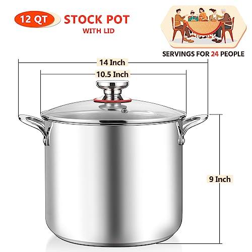 E-far 12-Quart Stock Pot, 18/10 Stainless Steel Stockpot with Lid for Cooking Simmering Soup Stew, Heavy Duty Cookware Works w/Induction, Non-toxic & Corrosion Resistant, Dishwasher Safe - CookCave