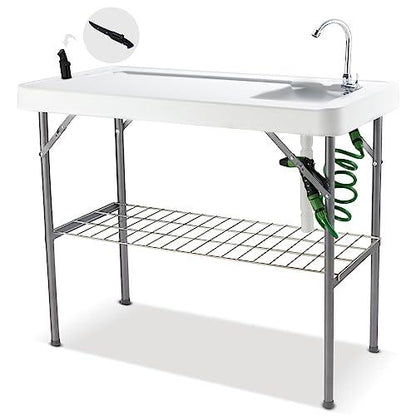 Hupmad 37" Folding Fish Cleaning Table w/Faucet & Sink, Outdoor Portable Fillet Station w/Grid Frame, Knife & Standard Garden Spray Nozzle, Multifunctional Washing Table for Camping or Kitchen, Grey - CookCave