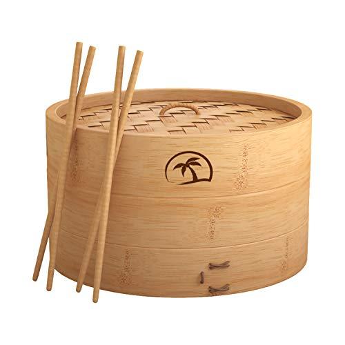 DEALZNDEALZ 3-Piece Bamboo Steamer Basket with Lid 10-inch 2-Tier, 50 Perforated Bamboo Steamer Liners with 2-Pairs of Bamboo Chopsticks - CookCave