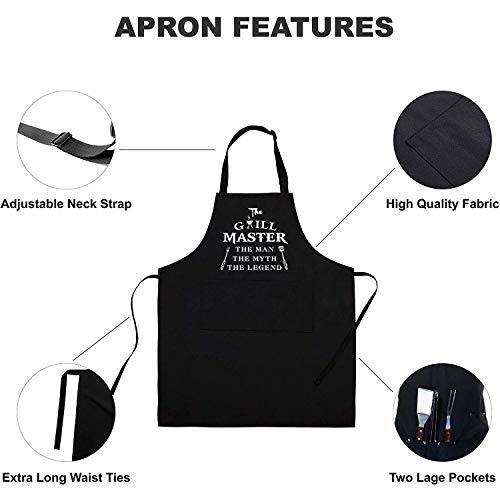 Rosoz Funny Aprons for Men - The Grill Master, The Man The Myth The Legend - Cooking Grilling BBQ Chef Apron for a Husband, Dad Gifts, Waterproof Oil Proof Black Apron with 2 Pockets - CookCave