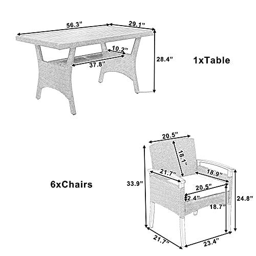 WOXYX 7-Piece Outdoor Patio All Weather PE Rattan Dining Table Set with Wood Tabletop and Cushions for 6, White - CookCave