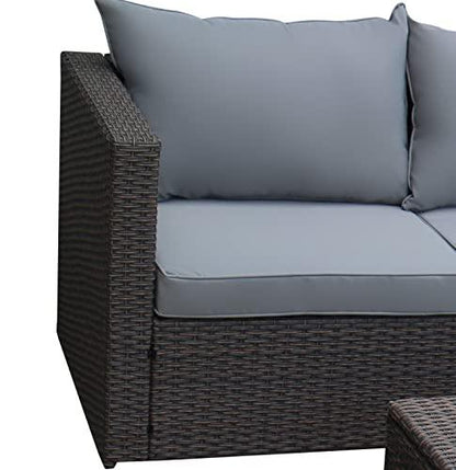 Outdoor Patio Furniture Set with Ottoman Square Coffee Table 4 Piece Patio Sectional Sofa Couch, Modern Brown Rattan Wicker with Seat Cushions - Light Grey - Oliver & Smith - Sunny - CookCave