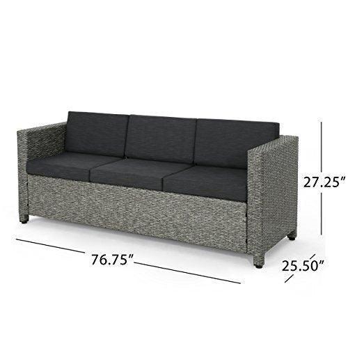 Christopher Knight Home Puerta Outdoor Wicker 3-Seater Sofa, Mix Black / Dark Grey Cushion - CookCave