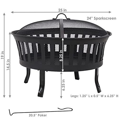 Sunnydaze 25-Inch Steel Wood-Burning Fire Pit with Mesh Stripe Cutouts - Includes Poker and Spark Screen - CookCave