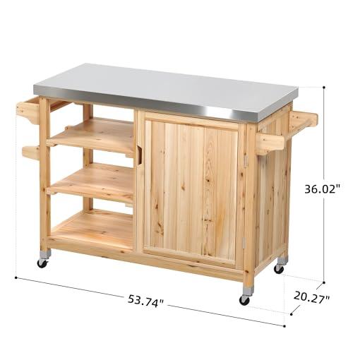 YITAHOME 53.74 L x 20.27 W Inches XL Outdoor Table and Storage Cabinet Solid Wood Movable Grill Table with Stainless Steel Top, Spice Rack, Side Handle for Outside Patio Kitchen Island or Bar Cart - CookCave