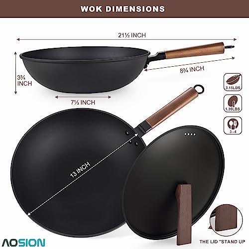 AOSION 13'' Carbon Steel Wok, 12 Piece Wok Pan & Stir-Fry Pans Set with Lid & Cookwares, No Chemical Coated Flat Bottom Chinese Wok Pan for Induction, Electric, Gas, Halogen, All Stoves - CookCave