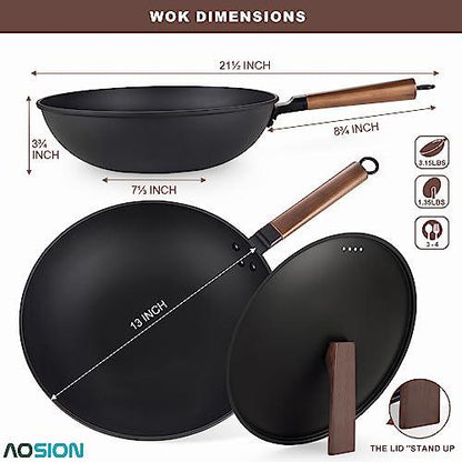 AOSION 13'' Carbon Steel Wok, 12 Piece Wok Pan & Stir-Fry Pans Set with Lid & Cookwares, No Chemical Coated Flat Bottom Chinese Wok Pan for Induction, Electric, Gas, Halogen, All Stoves - CookCave