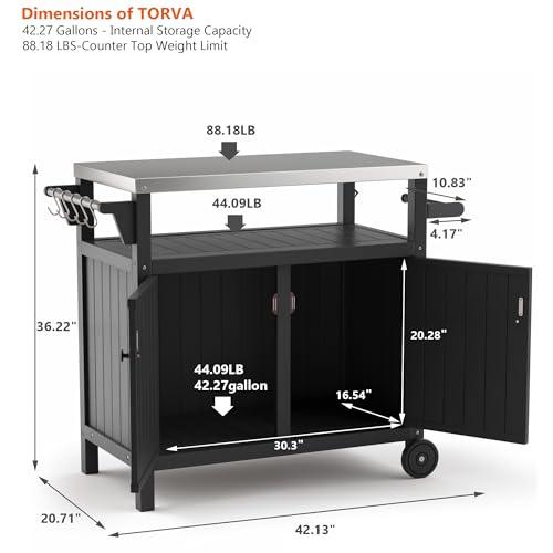 TORVA Portable Outdoor Grill Prep Table with Storage, Waterproof Outdoor Grill Cabinet, Stainless Steel Tabletop Outdoor Kitchen Island, BBQ Cart with Wheels, Hooks and Side Shelf (Black) - CookCave