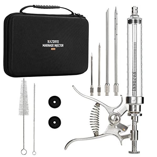 Razorri Marinade Injector Gun, Stainless Steel BBQ Meat Turkey Inject Kit, Flavor Food Syringes with Zipper Case, 2 oz Large Capacity Barrel and 4 Perforated Needles for Indoor Bake and Outdoor Grill - CookCave