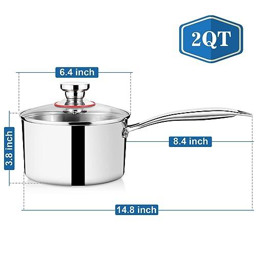 P&P CHEF 2 Quart Saucepan with Lid, Tri-Ply Stainless Steel Sauce Pan with Glass Lid, Small Induction Pot, Kitchen Cookware for Cooking Boiling Stewing, Dishwasher Safe - CookCave