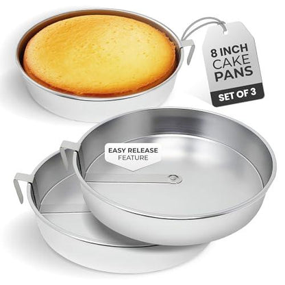 Aunt Shannon's Kitchen 8 Inch Round Cake Pans, 3 Pack, Silver Cake Pan with a Built-in Swivel Blade, Easy Release Cake Pans Set for Baking, Baking Pans Set for 3-Layer Cake, Dishwasher Safe - CookCave