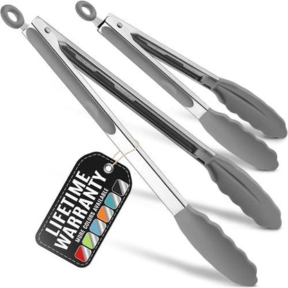 Zulay Kitchen Heat Resistant BBQ Kitchen Tongs Stainless Steel (9" & 12") - 2 Piece Non-Scratch Silicone Tip - Salad Tongs With Strong Grip for Grabbing Food - Easy Pull Lock - Silver/Gray - CookCave