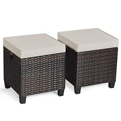 Tangkula 2 Pieces Outdoor Patio Ottoman, All Weather Rattan Wicker Ottoman Seat, Patio Rattan Furniture, Outdoor Footstool Footrest Seat w/Removable Cushions (Brown) - CookCave