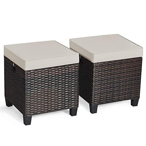 Tangkula 2 Pieces Outdoor Patio Ottoman, All Weather Rattan Wicker Ottoman Seat, Patio Rattan Furniture, Outdoor Footstool Footrest Seat w/Removable Cushions (Brown) - CookCave