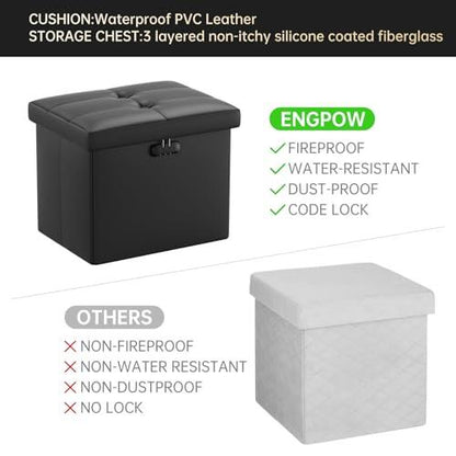 ENGPOW Storage Ottoman with Lock,Fireproof ＆ Waterproof Folding Ottoman Foot Rest Stool Storage Chest with Storage Safe for Important Documents,17 Inches Short Ottoman Foot Stool with Zippers,Black - CookCave