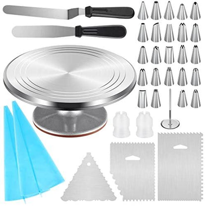 Kootek Aluminium Cake Turntable, 12 Inch Rotating Cake Stand, 35 pcs Cake Decorating Kit Supplies with 24 Numbered Icing Piping Tips, 2 Frosting Spatula, Pastry Bags and Other Baking Tools - CookCave