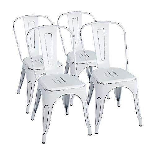 Furmax Metal Dining Chair Indoor Outdoor Use Stackable Chic Side Classic Trattoria Metal Chairs Set of 4 for Kitchen, Dining Room, Bistro and Cafe (Distressed White) - CookCave