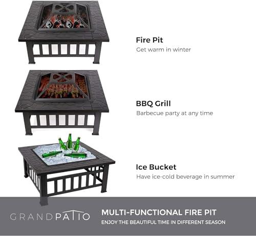 32 Inch Outdoor Metal Fire Pit, Square Wood Burning Firepit with Steel Fire Poker and Cover for Outdoor Patio Garden Backyard Camping Heating - CookCave