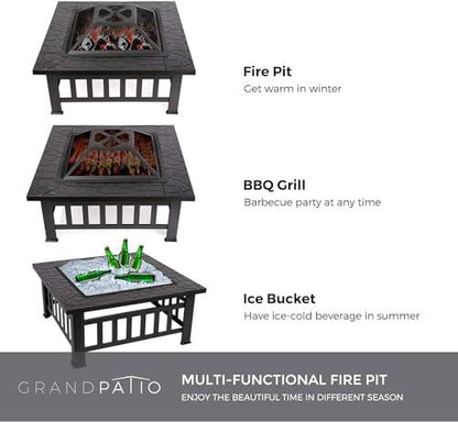 32 Inch Outdoor Metal Fire Pit, Square Wood Burning Firepit with Steel Fire Poker and Cover for Outdoor Patio Garden Backyard Camping Heating - CookCave