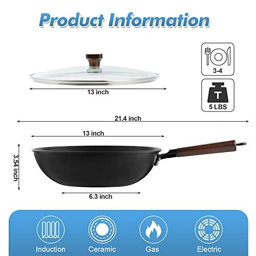 Bielmeier 13" Wok Pan, Woks and Stir Fry Pans with Glass Lid, Wok Pan, Flat Bottom Carbon Steel Wok Suits for all Stoves… - CookCave