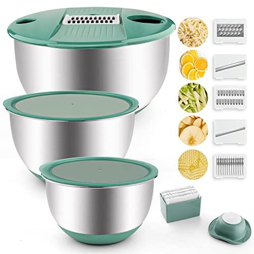 VEKAYA Mixing Bowls Set of 3, Stainless Steel Mixing Bowl with Airtight Lids, Metal Mixing Bowls with 5 Graters, Measurement Marks, Non-Slip Bottoms, Great for Mixing & Prepping, 5/3/1.5 QT (Green) - CookCave