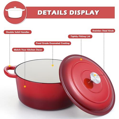 TeamFar 6QT Dutch Oven with Lid, Enameled Cast Iron Dutch Oven Nonstick Stock Pot for Cooking, Stewing, Braising, Roasting, Healthy & Heavy Duty, Double Handles & Sealed Cover, Easy to Clean - Red - CookCave