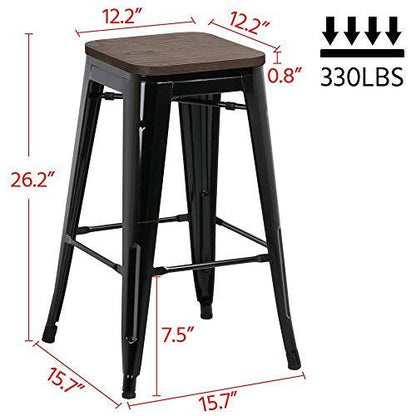 Yaheetech 26inch barstools Set of 4 Counter Height Metal Bar Stools, Indoor Outdoor Stackable Bartool Industrial with Wood Seat 331Lb, Black - CookCave