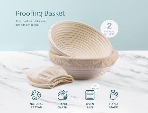 Kook Banneton Bread Proofing Set, Artisan Sourdough Bread Making Kit, 9 Inch Handwoven Rattan Baskets and Liners, Set of 2, Round - CookCave