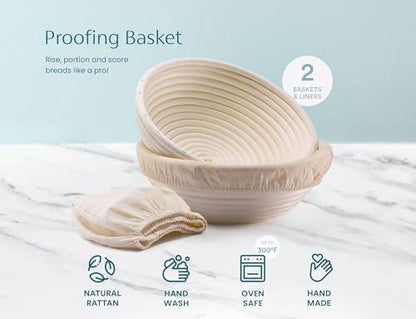 Kook Banneton Bread Proofing Set, Artisan Sourdough Bread Making Kit, 9 Inch Handwoven Rattan Baskets and Liners, Set of 2, Round - CookCave