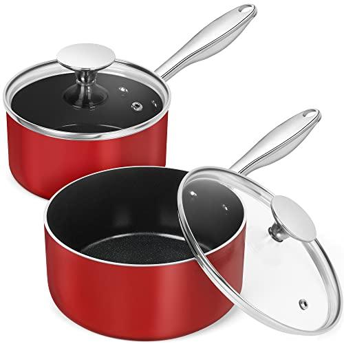 MICHELANGELO Sauce Pan with Lid, 1 Qt & 2 Qt Saucepans with Lids, Ceramic Sauce Pans Nonstick with Stainless Steel Handle, Oven Safe, Red - CookCave