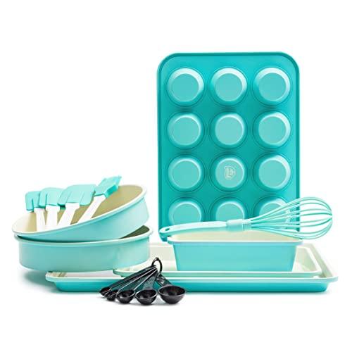 GreenLife Bakeware Healthy Ceramic Nonstick, 12 Piece Baking Set with Cookie Sheets Muffin Cake and Loaf Pans including utensils, PFAS-Free, Turquoise - CookCave