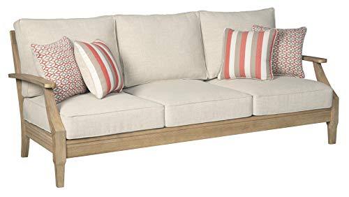 Signature Design by Ashley Clare View Coastal Outdoor Patio Eucalyptus Sofa with Cushions, Beige - CookCave