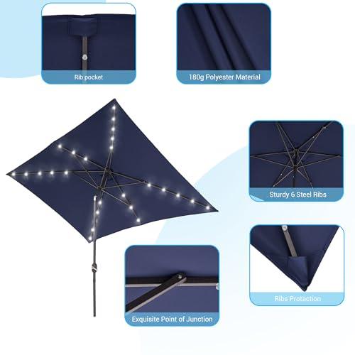 Bonosuki 10x6.5' Solar LED Outdoor Umbrella Patio Umbrella 2-Year-Non-Fading Steel Market Umbrella with Push Button Tilt and Crank,Navy Blue - CookCave