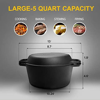 EDGING CASTING 2-in-1 Pre-Seasoned Cast Iron Dutch Oven Pot with Skillet Lid Cooking Pan, Cast Iron Skillet Cookware Pan Set with Dual Handles Indoor Outdoor for Bread, Frying, Baking, Camping, BBQ, 5QT - CookCave