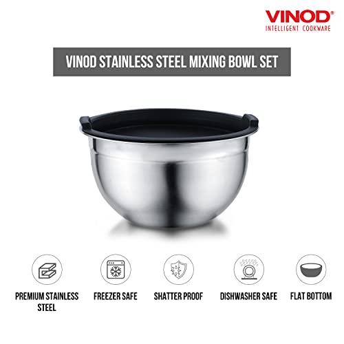 Vinod Mixing Bowls with Lids - Set of 5 Stainless Steel Nesting Bowl | Meal Prep Bowls | Mix & Serve | Flat Bottom & Stackable | Heavy Duty, Easy to Clean, Space Saving, Cooking, Prepping | Black Lids - CookCave