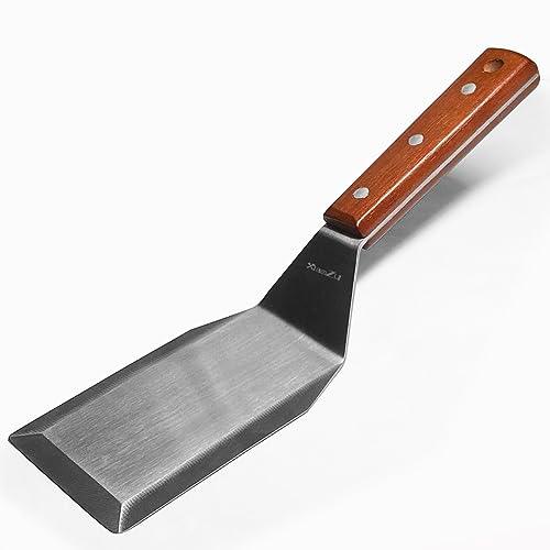 Professional Metal Spatula for Cast Iron Skillets and Flat Top Grills, Full Tang Wooden Handle, Stainless Steel Blade, Smash Burger Spatula Turner for Flipper, Cooking, BBQ, 5 Inch x 3 Inch - CookCave