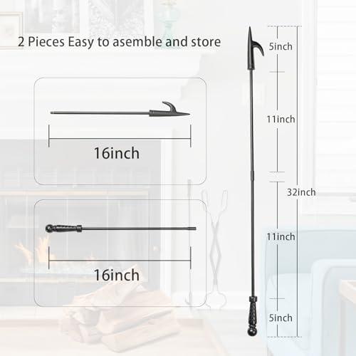 Heavy Duty 32 inch Long Fireplace Fire Pit Poker Stick and 25 Inch Campfire Fireplace Tongs Tool Sets, Log Grabber Fire Pit Tools for Fireplace Wood Stove, Campfire, Bonfires, Indoor & Outdoor Use - CookCave