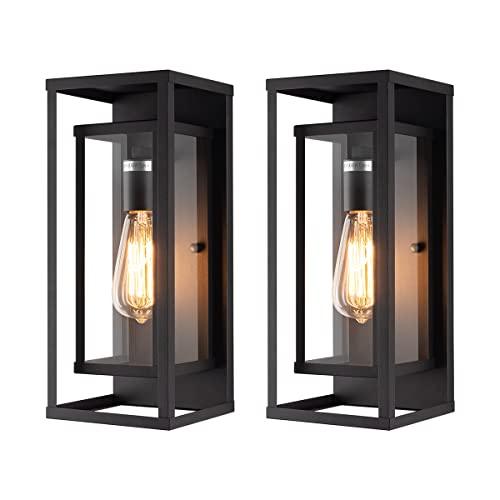 mirrea 14" Classic Outdoor Wall Sconce 1 Light in Matte Black Rectangular Metal Frame and Clear Glass Shade Waterproof Porch Light Patio Light Pack of 2 - CookCave