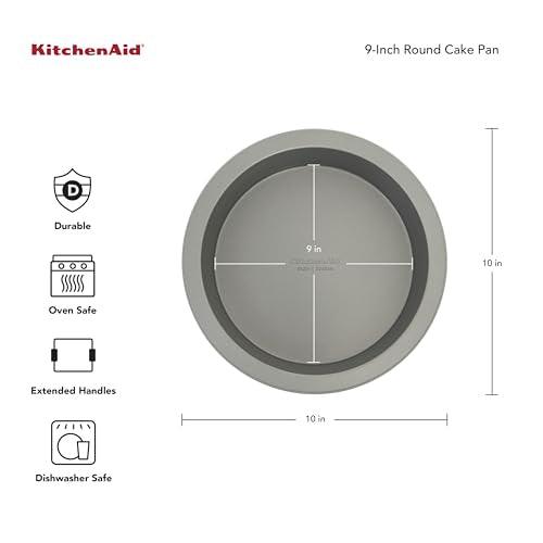 KitchenAid Nonstick 9 in Round Cake Pan with Extended Handles for Easy Grip, Aluminized Steel to Promoted Even Baking, Dishwasher Safe,Contour Silver - CookCave