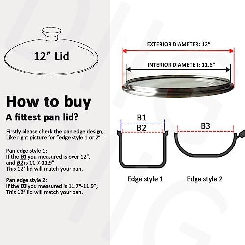 12" Glass Lid for Frying Pan, Tempered Replacement Cover Compatible with All 12 inches Cookware for Skillets, Round Cast Iron, Cast Aluminium, Stainless Steel Pans &Pots - CookCave