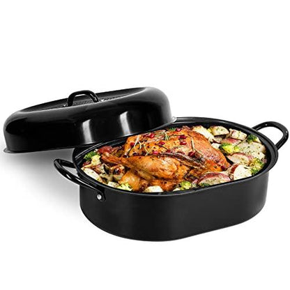 Granite Stone Oval Roaster Pan, Small 16” Ultra Nonstick Roasting Pan with Lid, Grooved Bottom for Basting, Broiler Pan for Oven, Dishwasher Safe, Up to 7lb Poultry/Roast, Serves 1-5, PFOA Free - CookCave