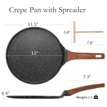 ESLITE LIFE Nonstick Crepe Pan with Spreader, 11 Inch Granite Coating Flat Skillet Tawa Dosa Tortilla Pan, Compatible with All Stovetops (Gas, Electric & Induction), PFOA Free, Black - CookCave