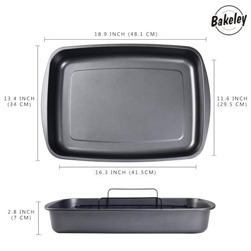 Bakeley Roasting Pan, Nonstick Roaster Pan with Rack, Turkey Roasting Pan with V Rack, 19 Inch x 13 Inch, Black - CookCave