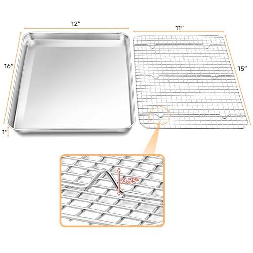 TeamFar Baking Sheet with Rack, 16 x 12 x 1 Inch Stainless Steel Cookie Baking Pan Tray with Grid Rack for Baking Roasting Cooling, Healthy & Heavy-Duty, Oven & Dishwasher Safe - CookCave