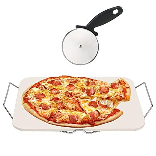 Pizza Stone for Oven and Grill, Rectangle Baking Stone 15 x 12 Inch with Free Pizza Cutter & Detachable Serving Rack, Safe Ceramic Cooking Stone for Crisp Crust Pizza Bread Cookie and More - CookCave