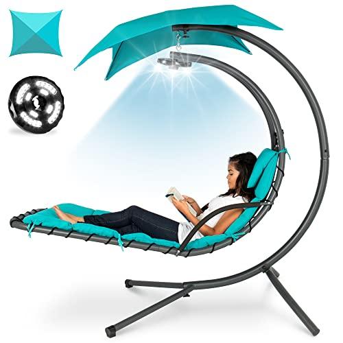 Best Choice Products Hanging LED-Lit Curved Chaise Lounge Chair Swing for Backyard, Patio, Lawn w/ 3 Light Settings, Weather-Resistant Pillow, Removable Canopy Shade, Steel Stand - Teal - CookCave