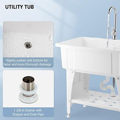 VINGLI Utility Sink Laundry Tub for Washing Room, Freestanding Utility Sink with Stainless Steel Faucet, (White, 32.3"W x 22.4" D x 43.3"H) - CookCave